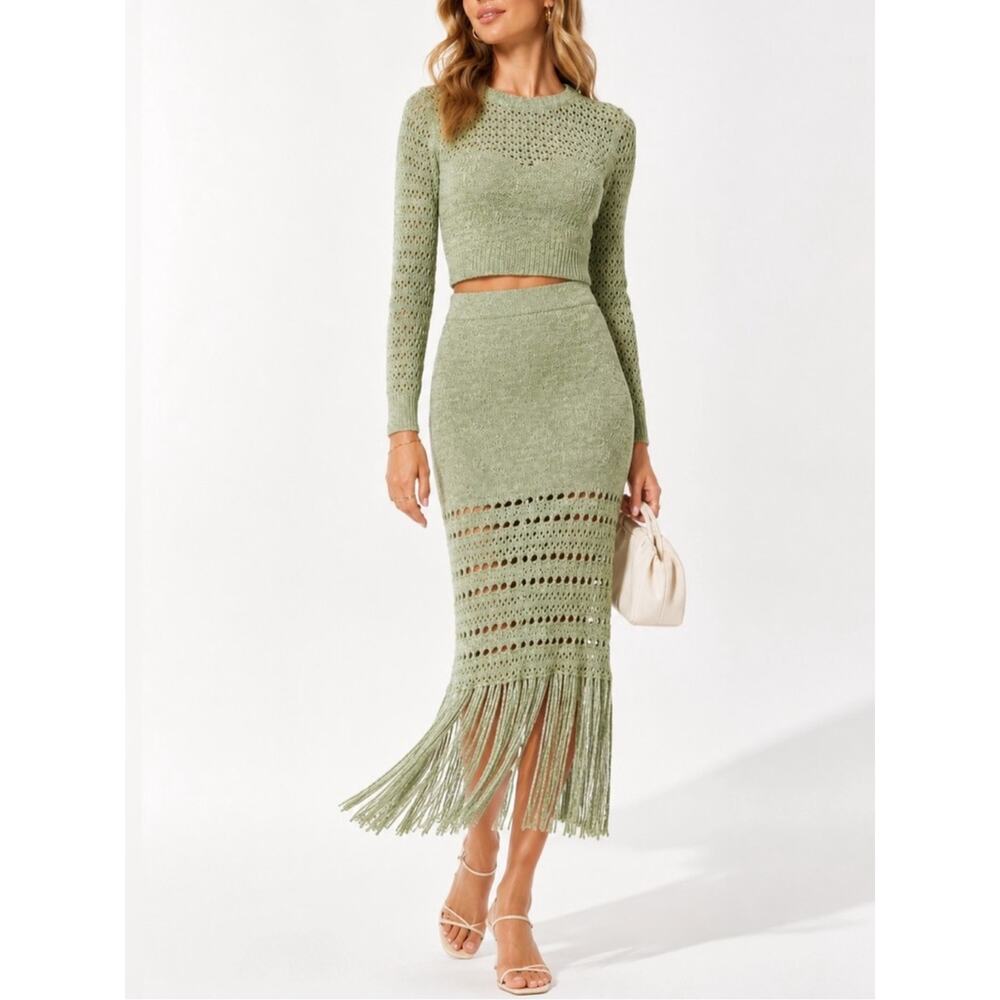 Amanda Uprichard Women’s Jayla Green Fringe Knit Sweater Skirt Set Size Medium